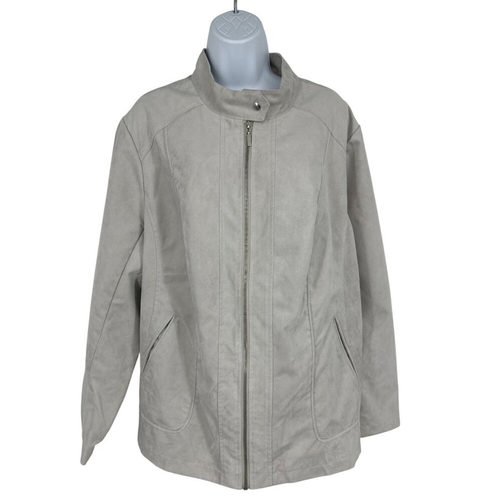 Susan Graver Faux Suede Zip-Up Jacket Beige With Stand Collar Women's Size 2X